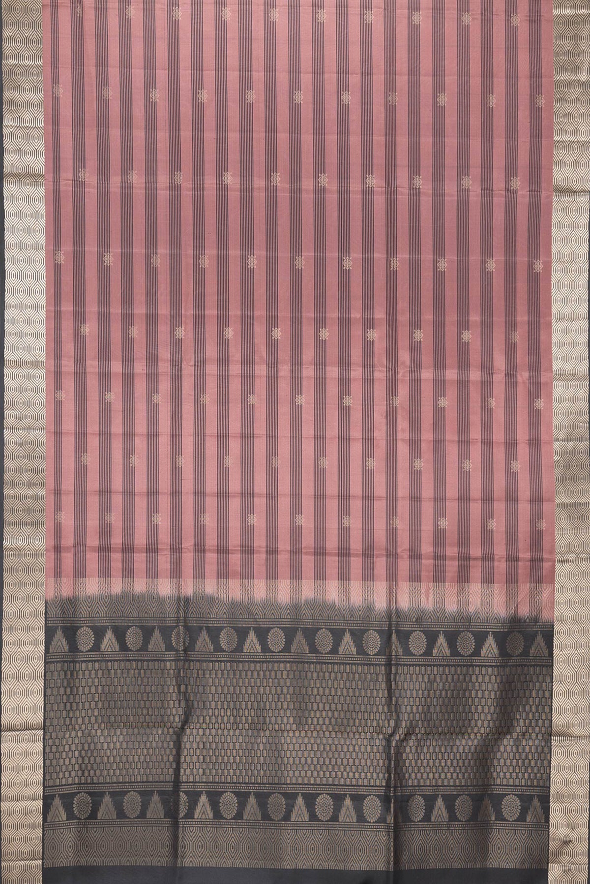 Flat view of Rose Gold Dual Tone Soft Silk Saree with Zari Butta on the body and Zari Border. 