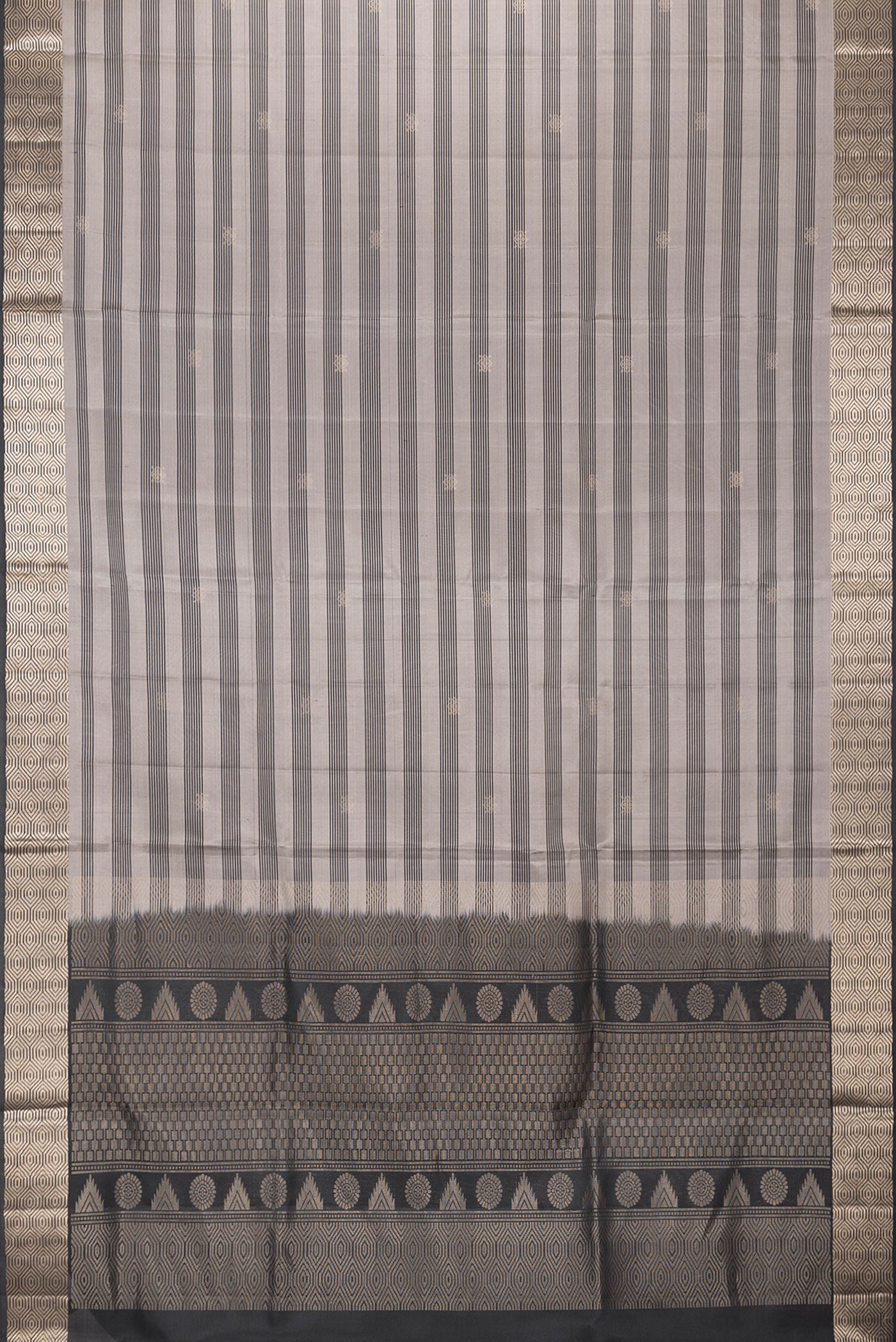 Flat view of Grey Dual Tone Soft Silk Saree with Stripes on the body and Zari Border. 