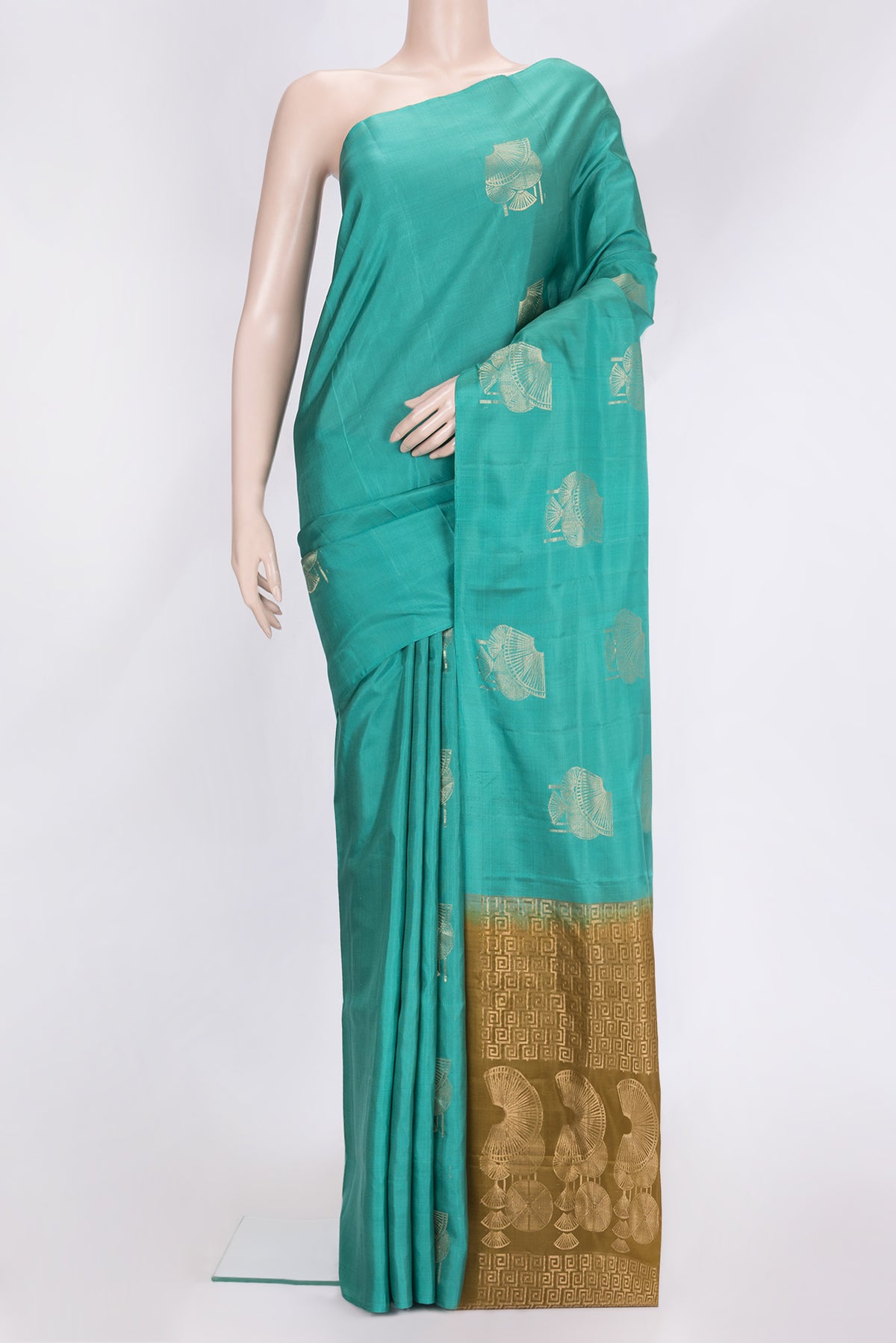 Sea Green Dual Tone Soft Silk Saree with Zari Butta on the body and Without Border.  displayed on a mannequin