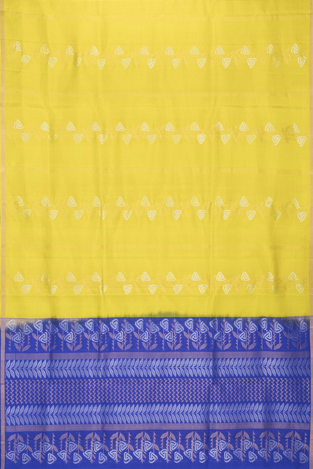 Flat view of Parrot Green Dual Tone Soft Silk Saree with Zari Butta on the body and Zari Border. 