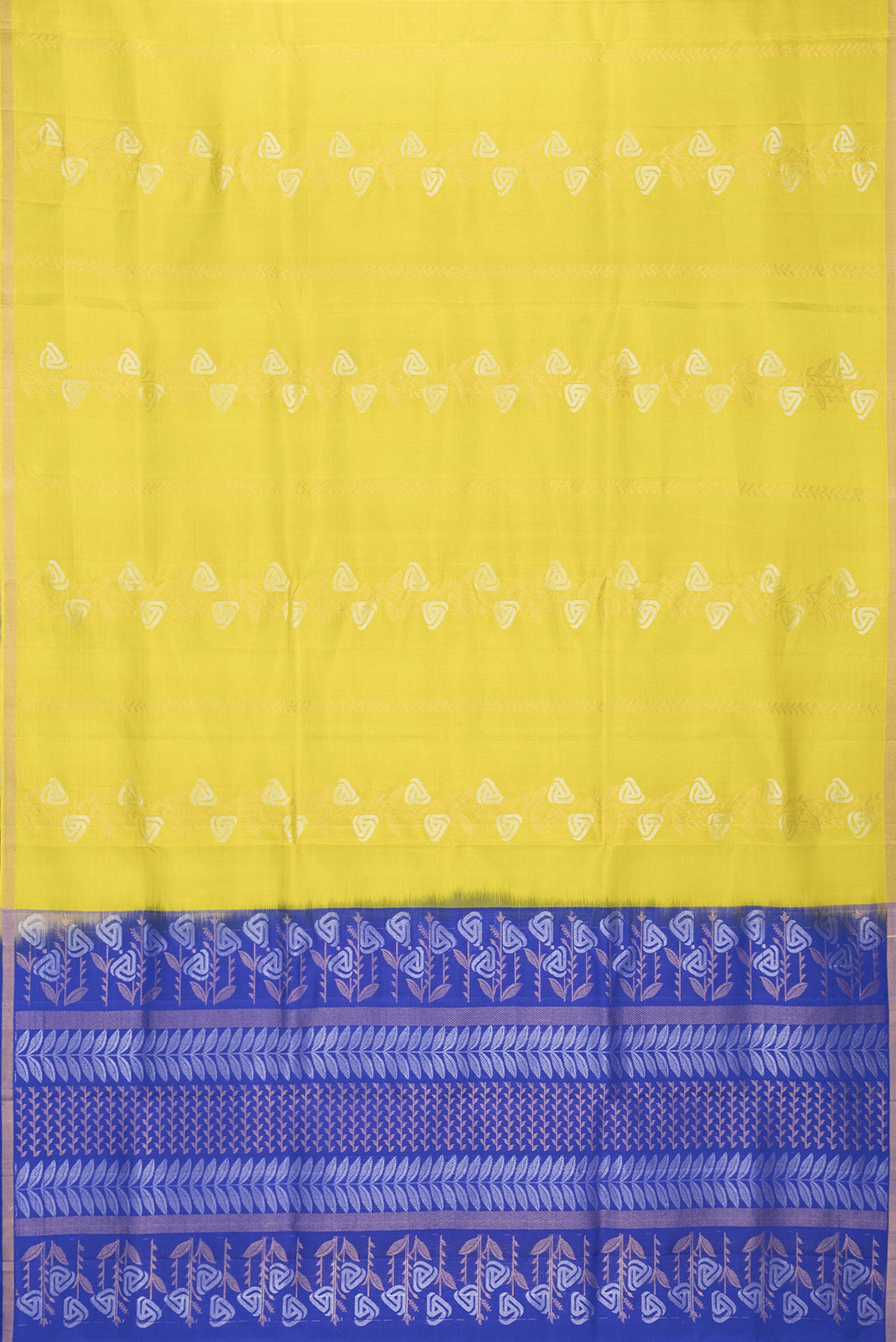 Flat view of Parrot Green Dual Tone Soft Silk Saree with Zari Butta on the body and Zari Border. 