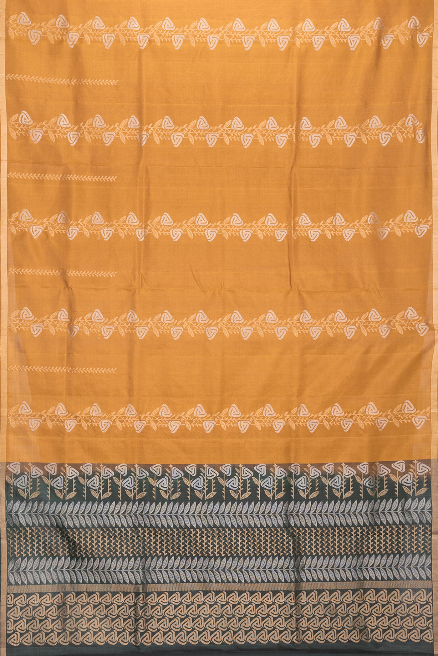 Flat view of Mustard Dual Tone Soft Silk Saree with Zari Butta on the body and Zari Border. 