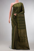 Mehandi Green Dual Tone Soft Silk Saree with Stripes on the body and Without Border.  displayed on a mannequin