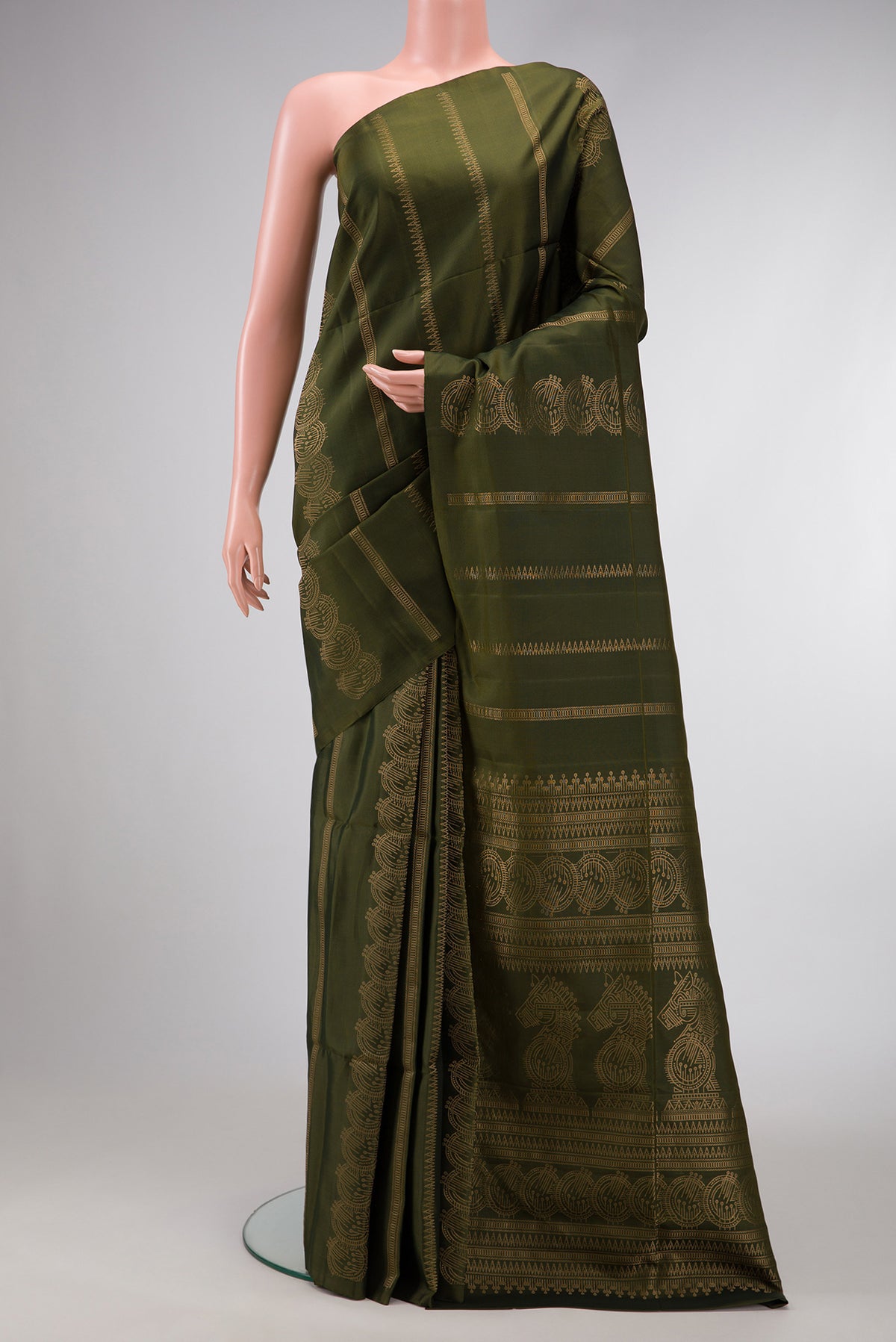 Mehandi Green Dual Tone Soft Silk Saree with Stripes on the body and Without Border.  displayed on a mannequin