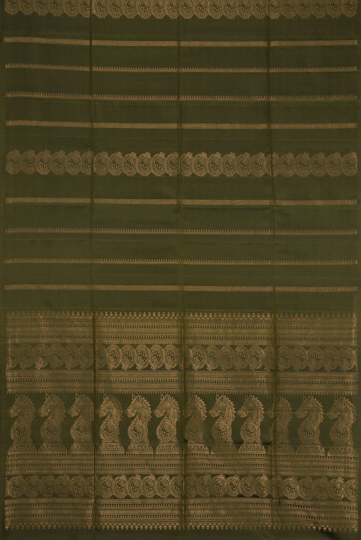 Flat view of Mehandi Green Dual Tone Soft Silk Saree with Stripes on the body and Without Border. 