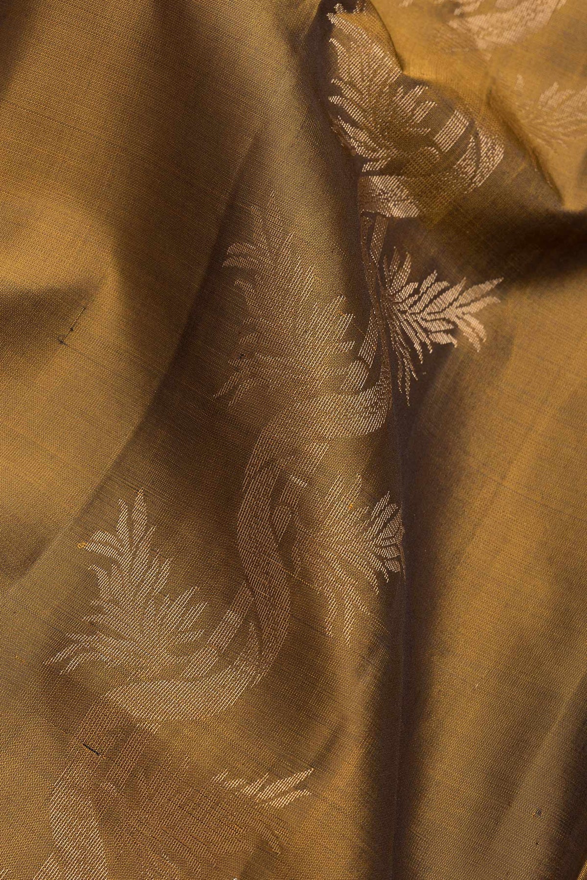 Close up of Gold Dual Tone Soft Silk Saree with Zari Butta on the body and Zari Border.  displaying folds