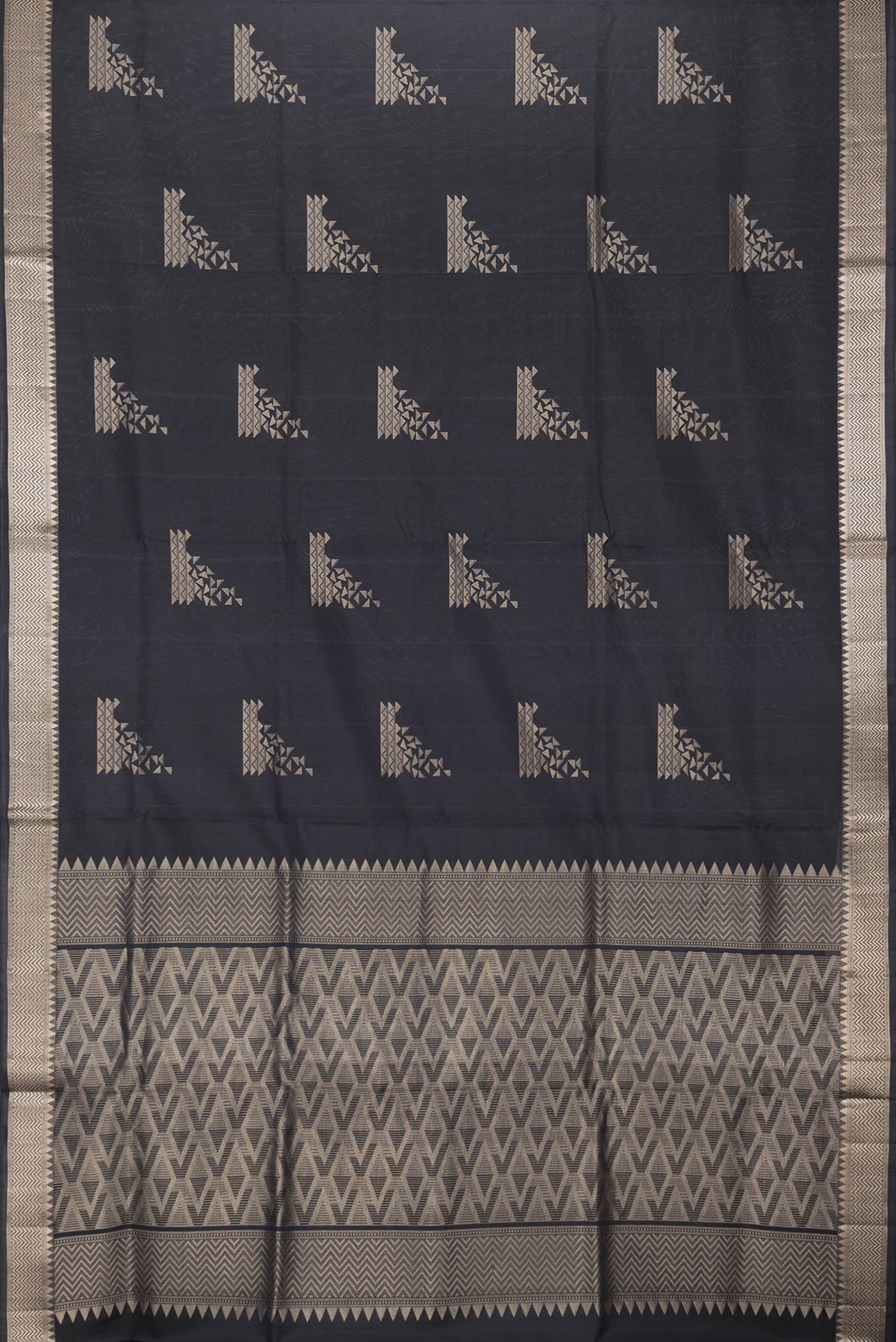 Flat view of Black Dual Tone Soft Silk Saree with Zari Butta on the body and Zari Border. 