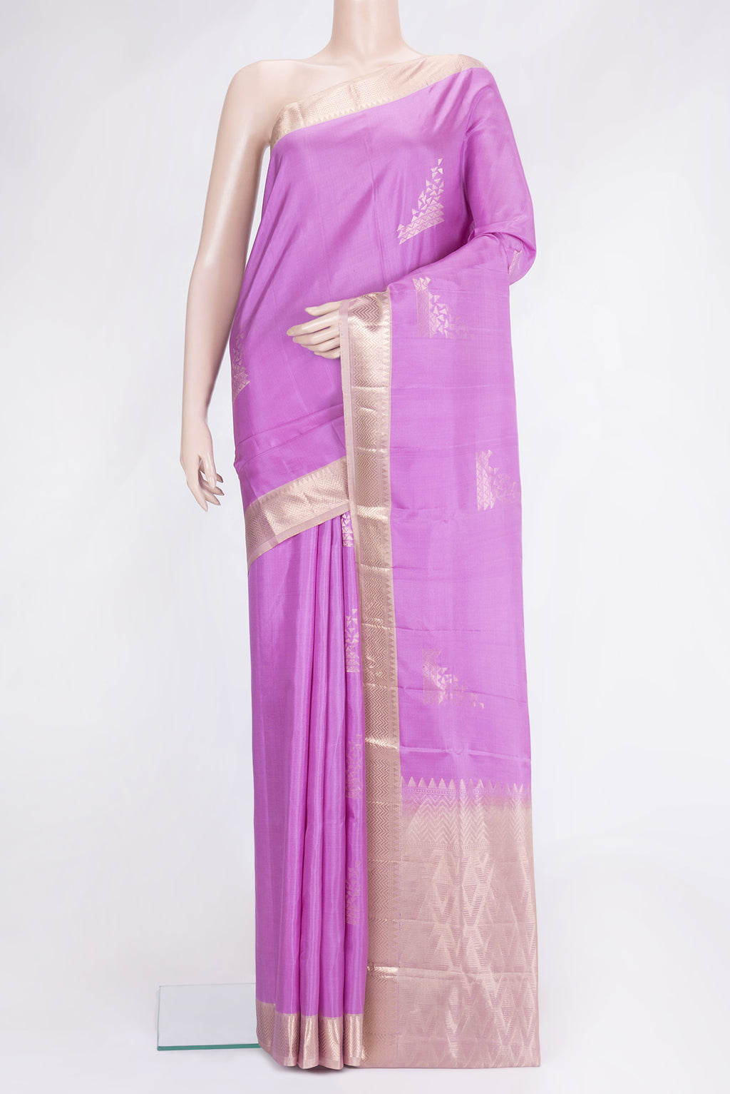 Lavender Dual Tone Soft Silk Saree with Zari Butta on the body and Zari Border.  displayed on a mannequin