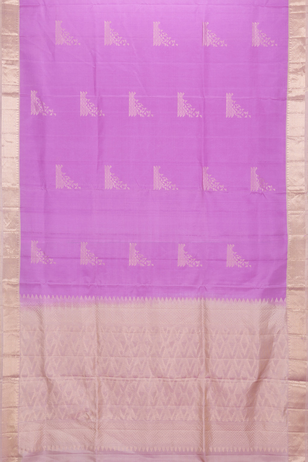 Flat view of Lavender Dual Tone Soft Silk Saree with Zari Butta on the body and Zari Border. 