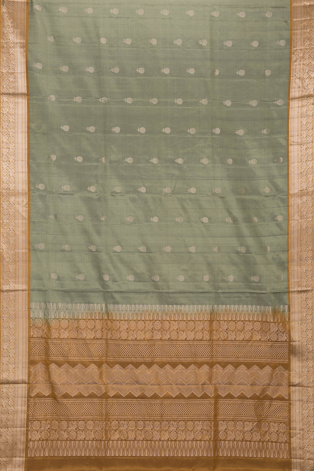 Flat view of Mehandi Green Dual Tone Soft Silk Saree with Zari Butta on the body and Zari Border. 