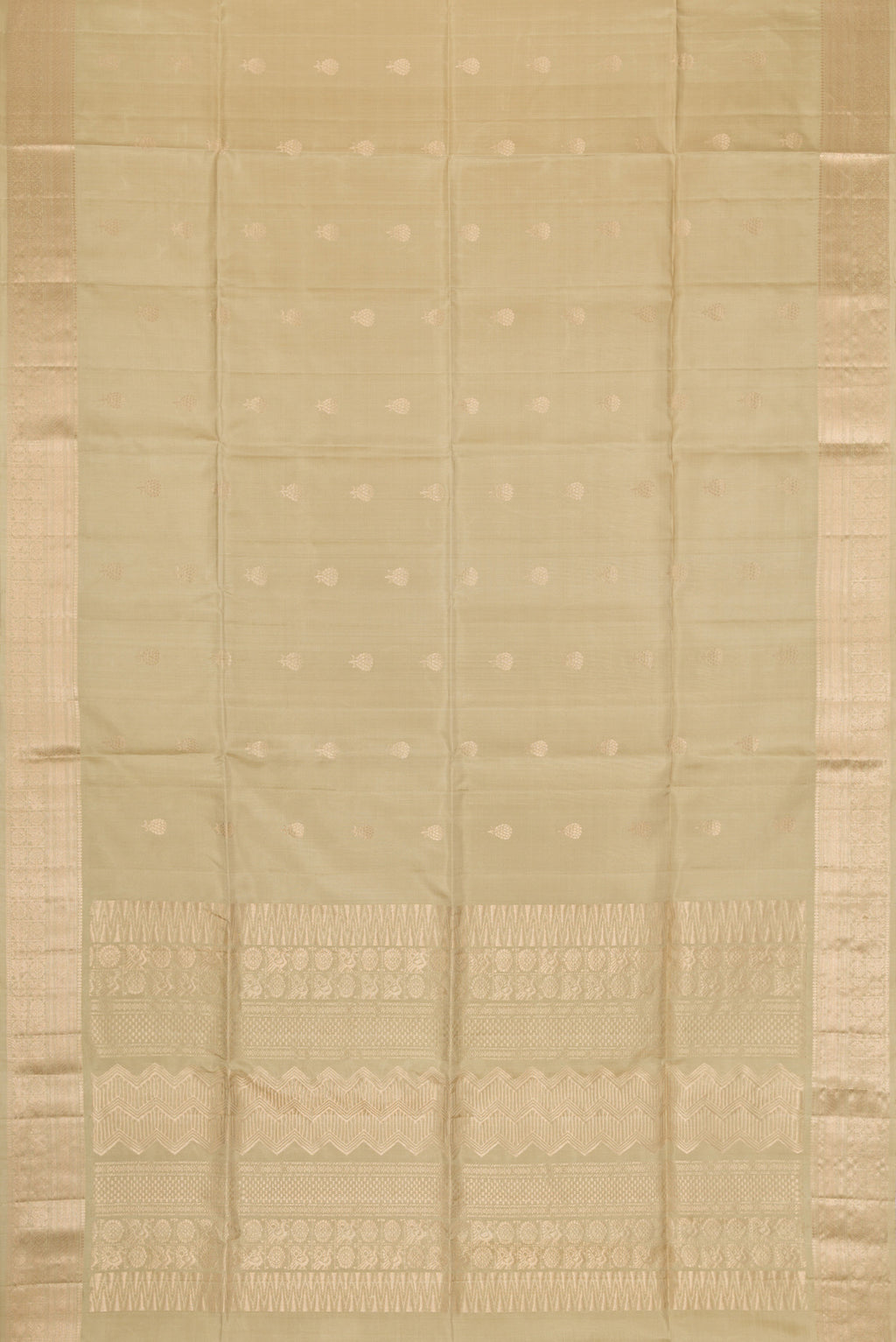Flat view of Mehandi Green Dual Tone Soft Silk Saree with Zari Butta on the body and Zari Border. 