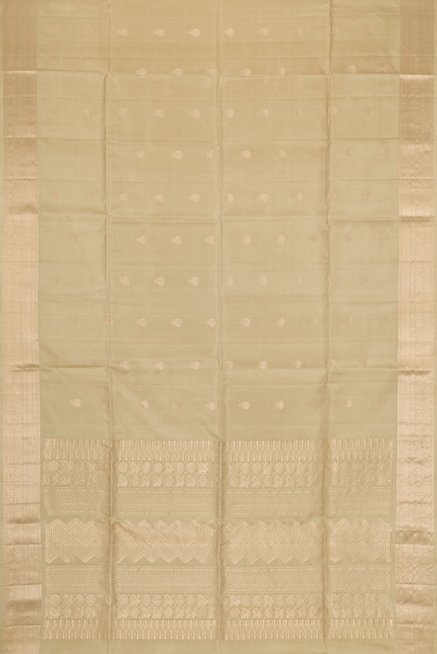 Flat view of Mehandi Green Dual Tone Soft Silk Saree with Zari Butta on the body and Zari Border. 