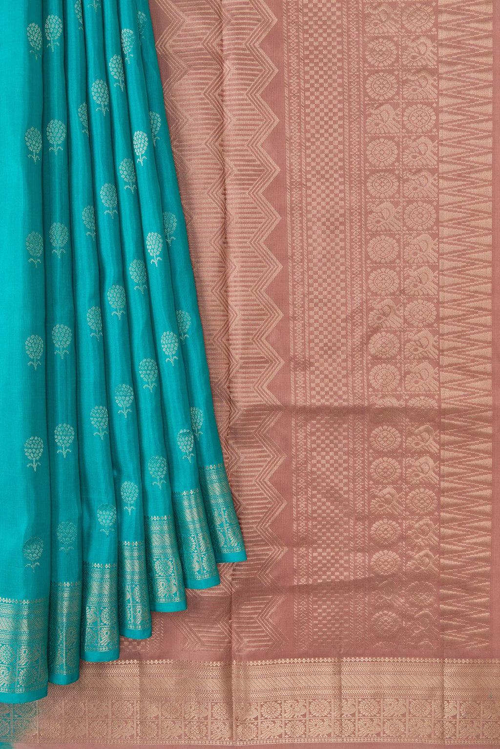 Pleats and pallu of Maya Blue Dual Tone Soft Silk Saree with Zari Butta on the body and Zari Border. 