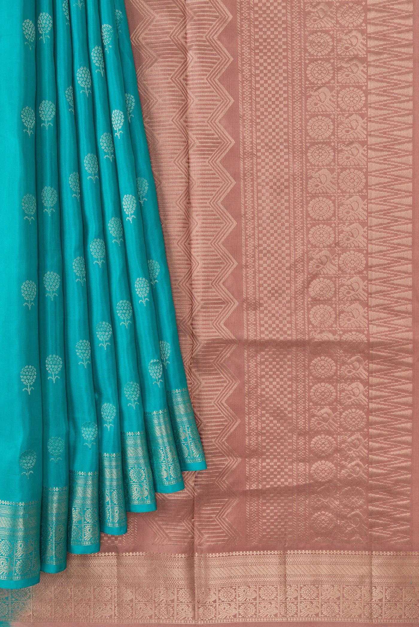 Pleats and pallu of Maya Blue Dual Tone Soft Silk Saree with Zari Butta on the body and Zari Border. 
