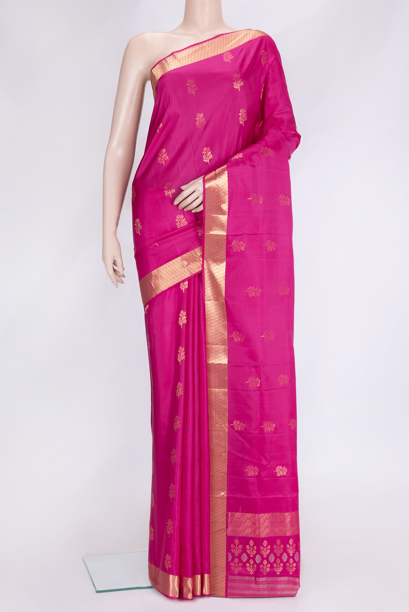 Pink Dual Tone Soft Silk Saree with Zari Butta on the body and Zari Border.  displayed on a mannequin