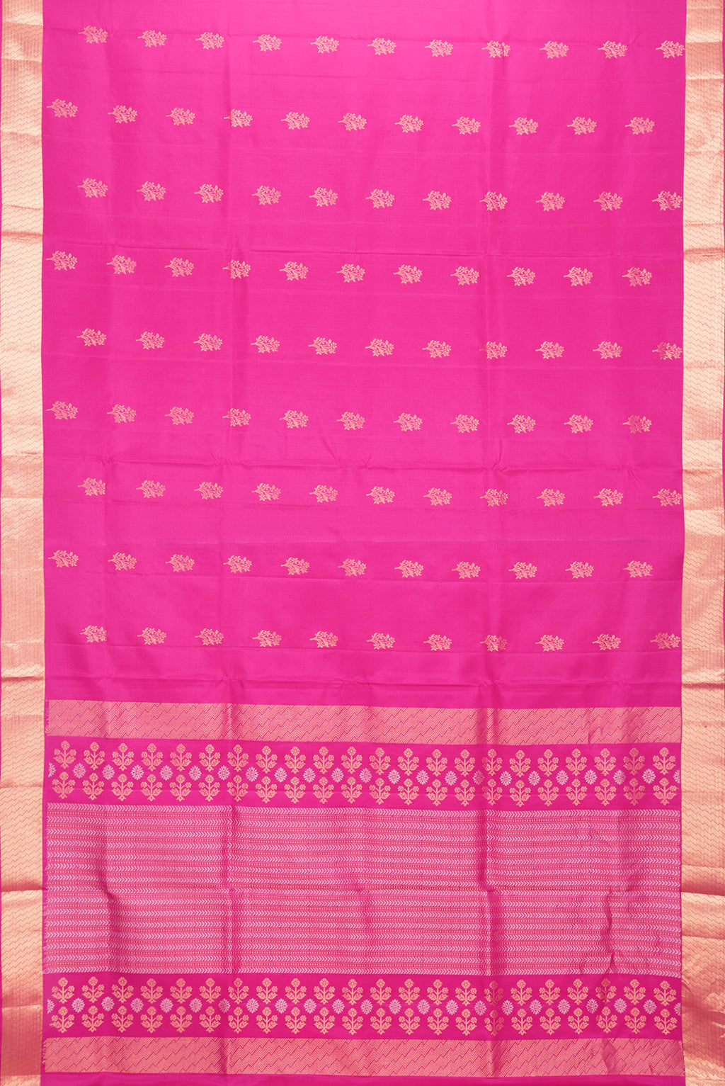Flat view of Pink Dual Tone Soft Silk Saree with Zari Butta on the body and Zari Border. 