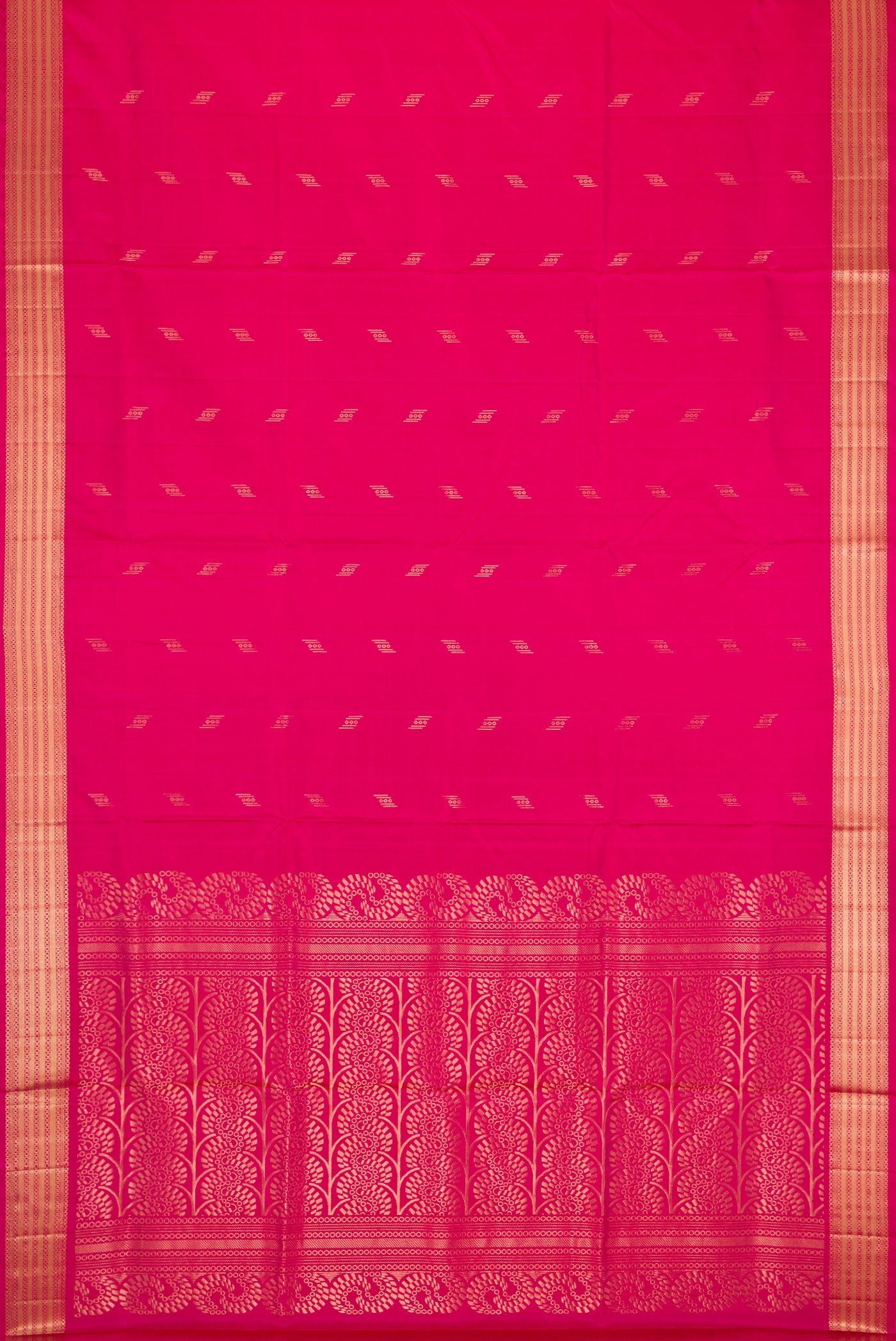 Flat view of Pink Dual Tone Soft Silk Saree with Zari Butta on the body and Zari Border. 