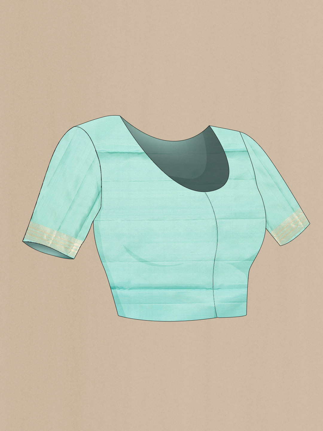 Close up image of the blouse of Sea Green Dual Tone Soft Silk Saree with Zari Butta on the body and Zari Border. 