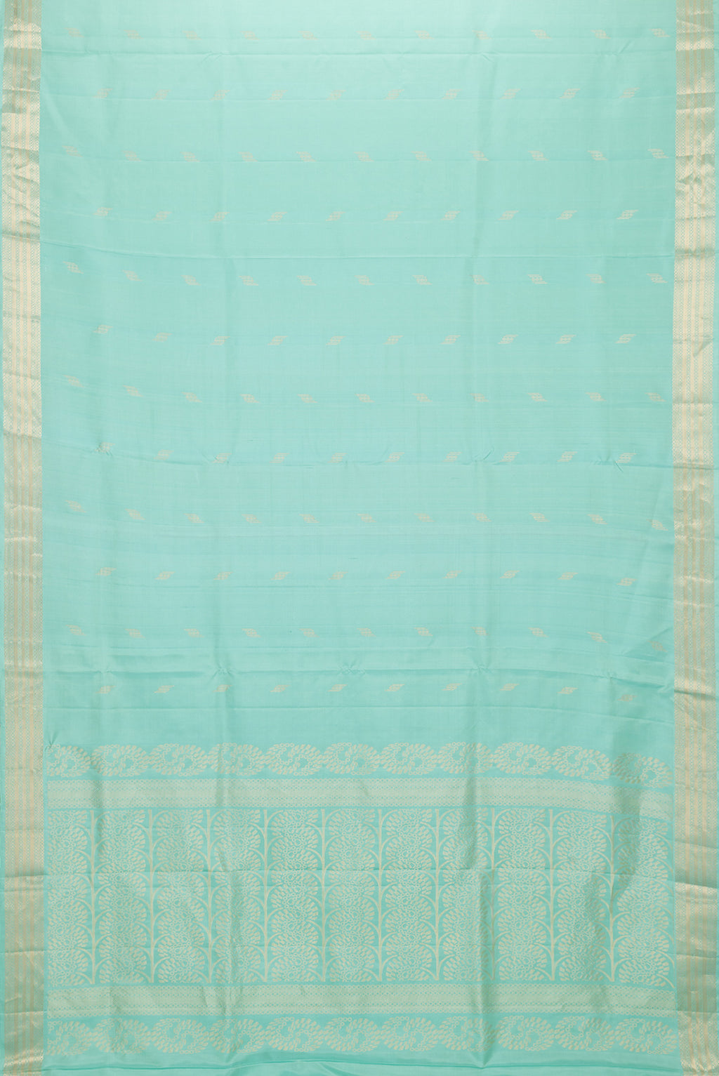 Flat view of Sea Green Dual Tone Soft Silk Saree with Zari Butta on the body and Zari Border. 