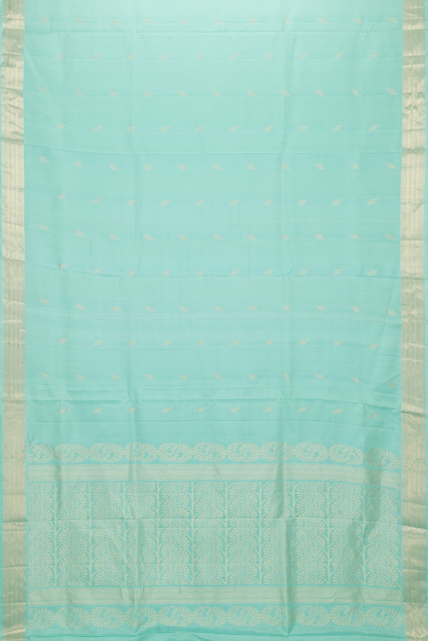 Flat view of Sea Green Dual Tone Soft Silk Saree with Zari Butta on the body and Zari Border. 