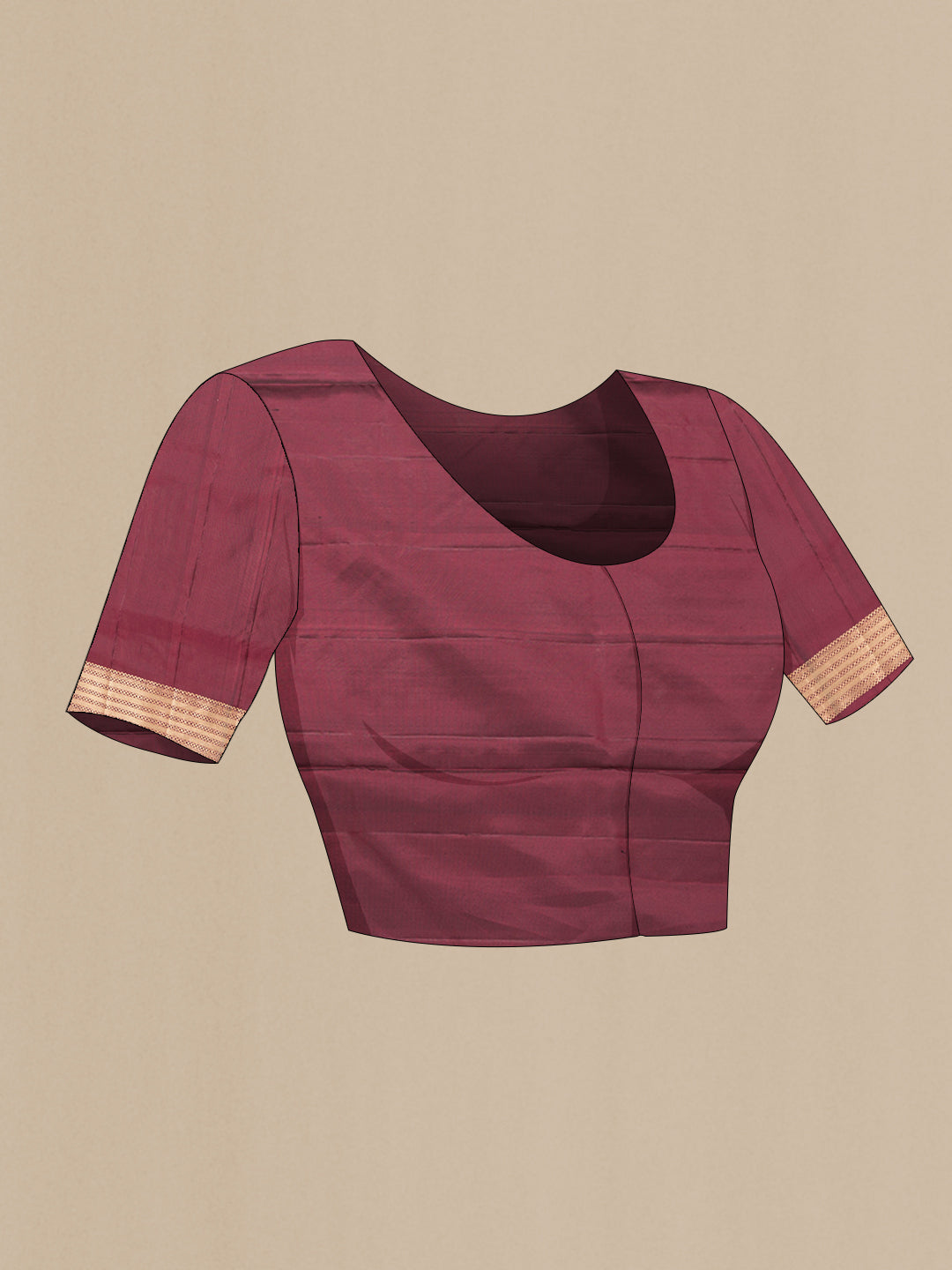 Close up image of the blouse of Maroon Dual Tone Soft Silk Saree with Zari Butta on the body and Zari Border. 