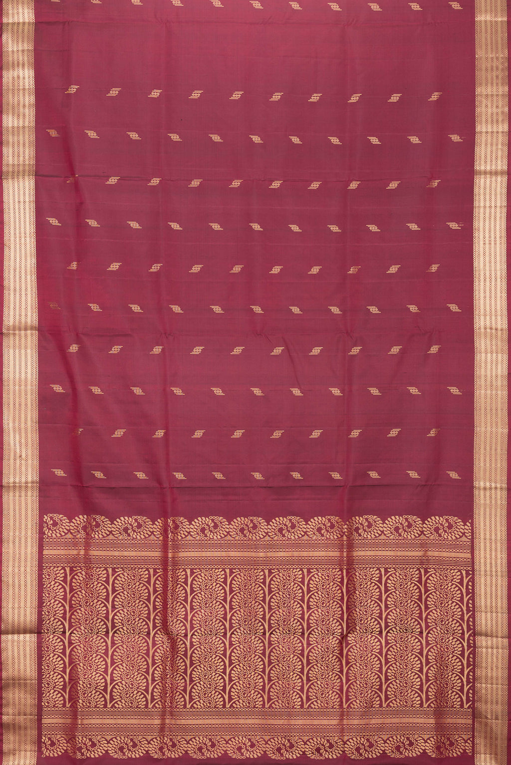 Flat view of Maroon Dual Tone Soft Silk Saree with Zari Butta on the body and Zari Border. 