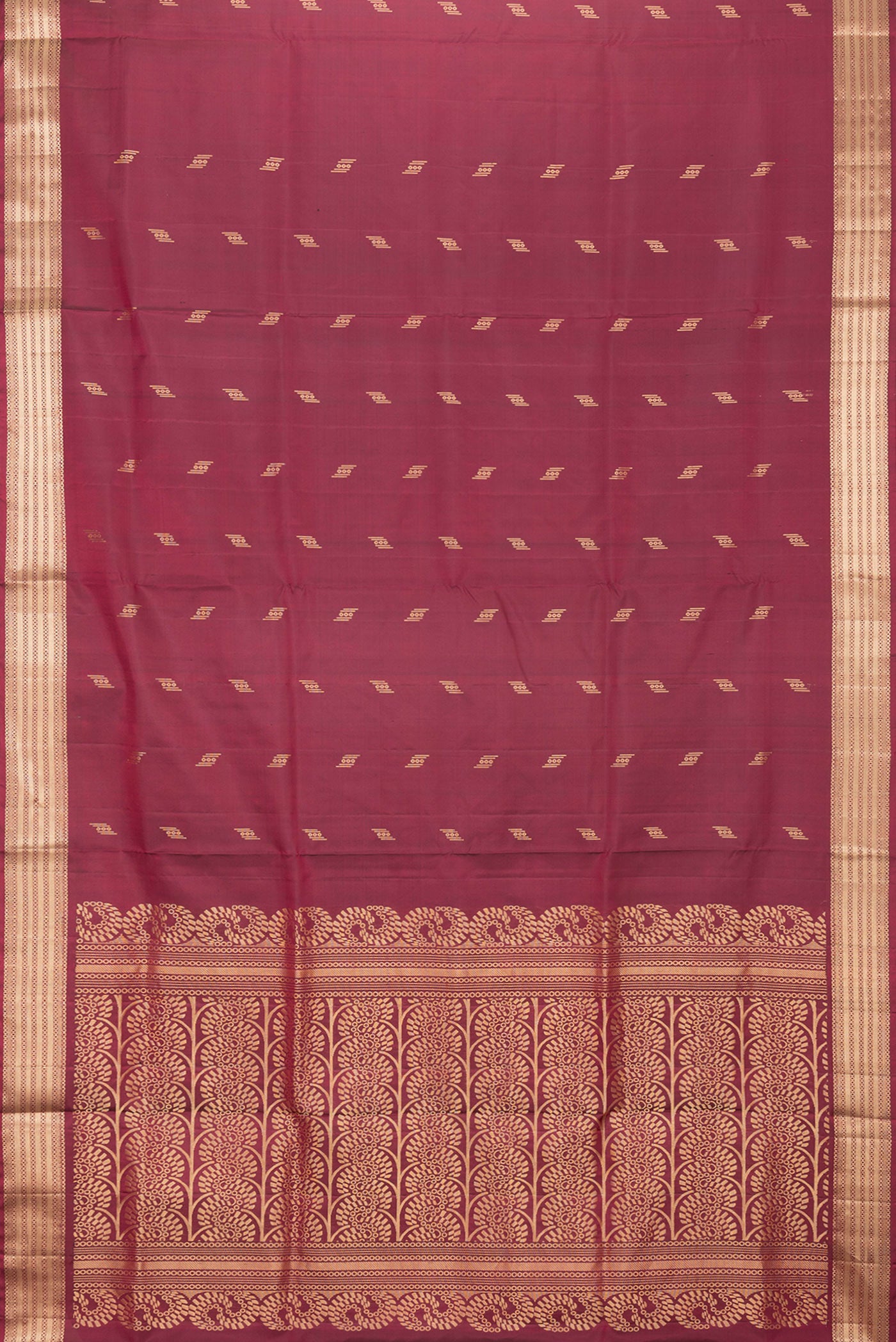 Flat view of Maroon Dual Tone Soft Silk Saree with Zari Butta on the body and Zari Border. 