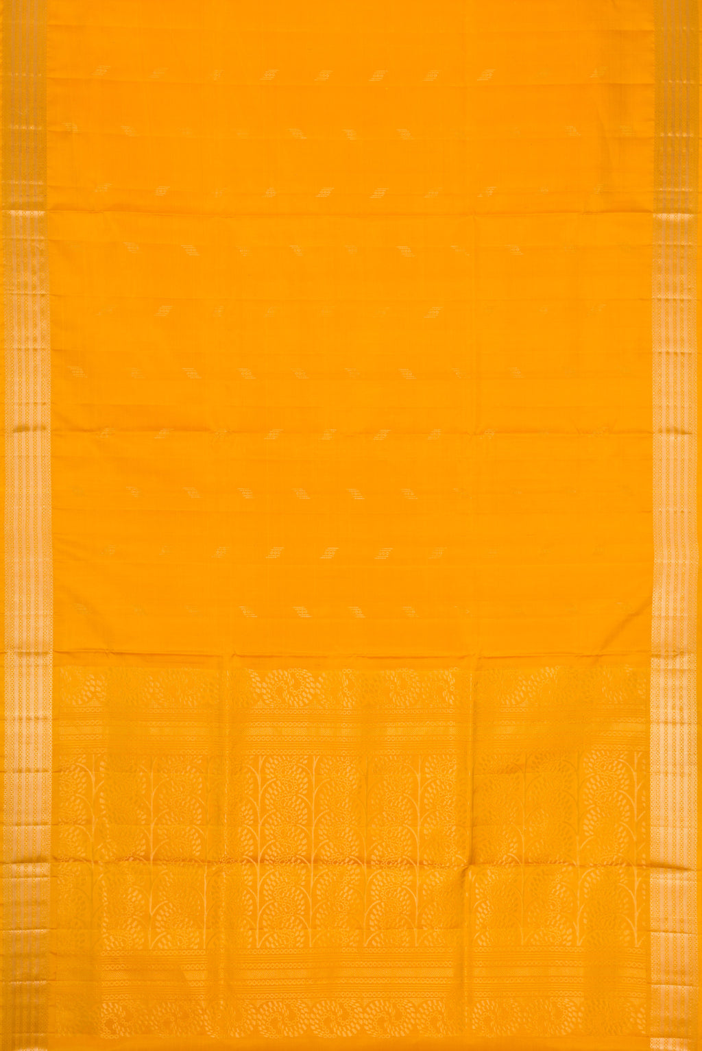 Flat view of Mustard Dual Tone Soft Silk Saree with Zari Butta on the body and Zari Border. 