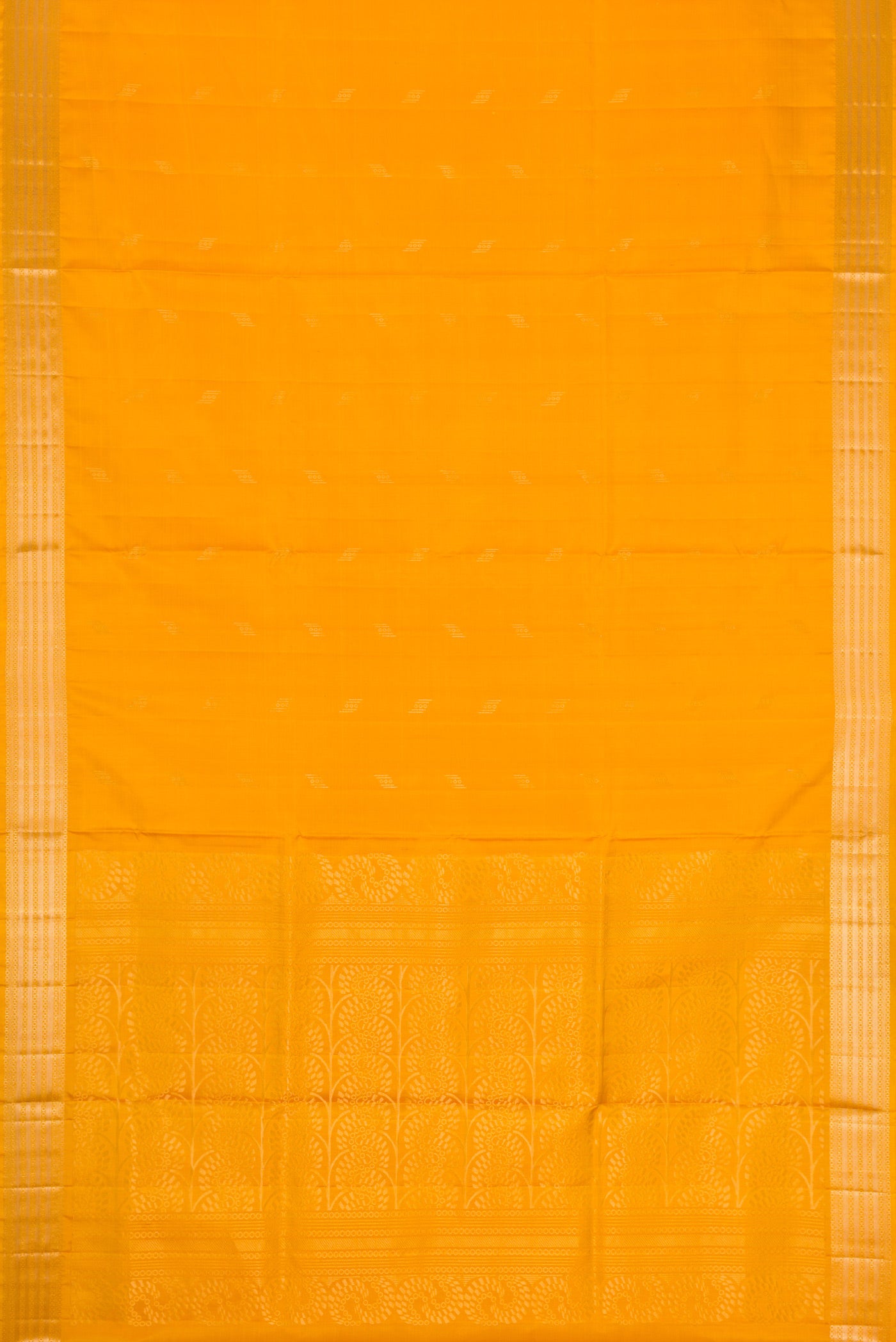 Flat view of Mustard Dual Tone Soft Silk Saree with Zari Butta on the body and Zari Border. 