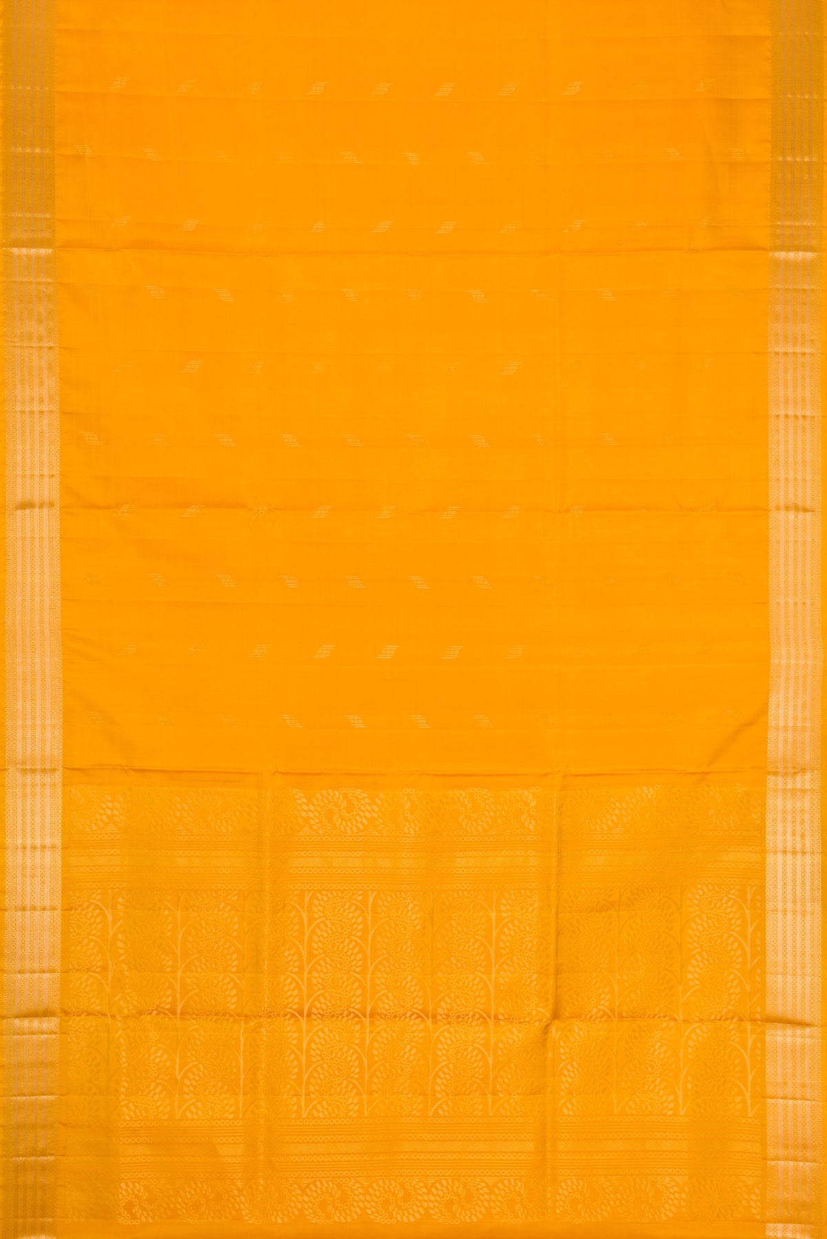 Flat view of Mustard Dual Tone Soft Silk Saree with Zari Butta on the body and Zari Border. 
