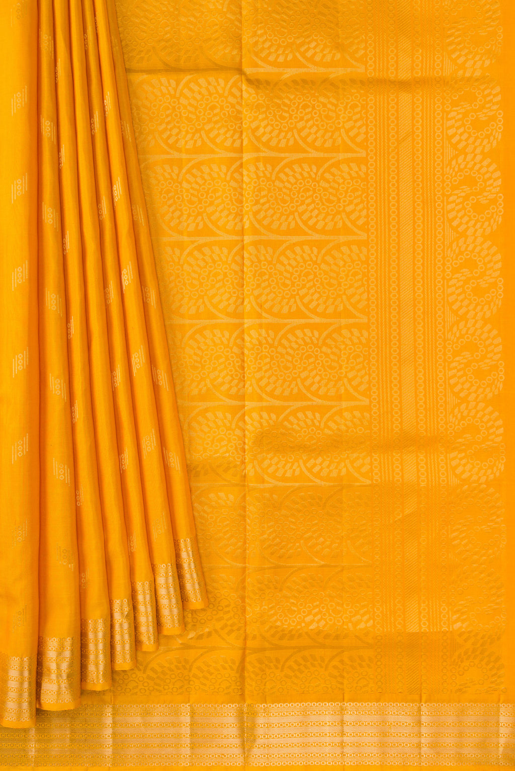 Pleats and pallu of Mustard Dual Tone Soft Silk Saree with Zari Butta on the body and Zari Border. 