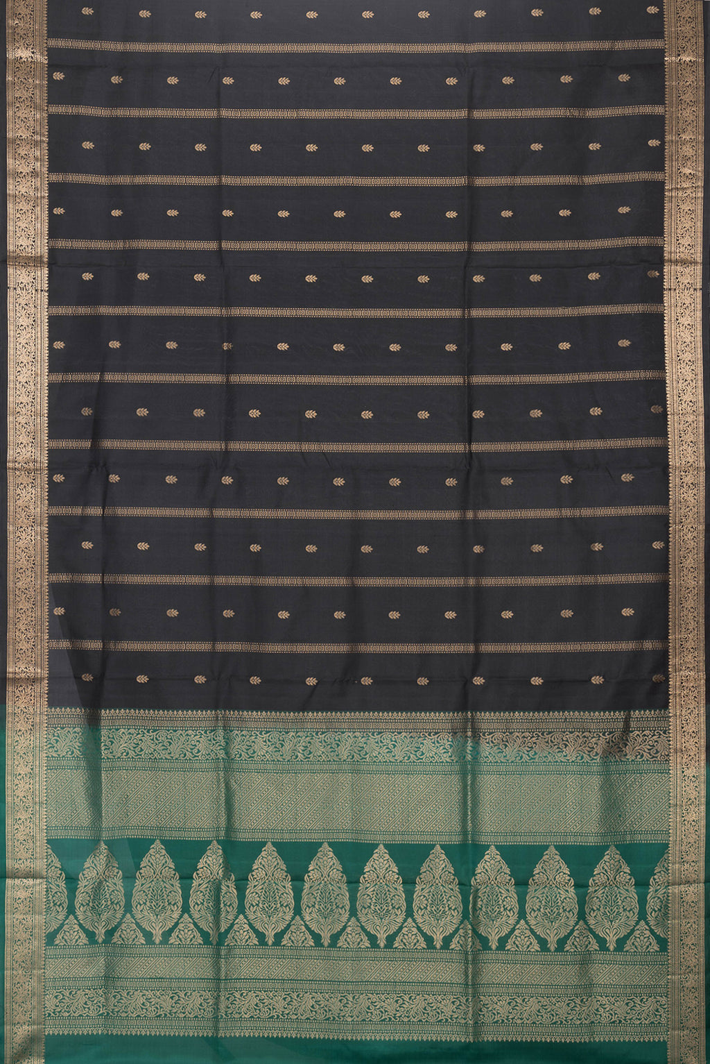 Flat view of Black Dual Tone Soft Silk Saree with Zari Butta on the body and Zari Border. 