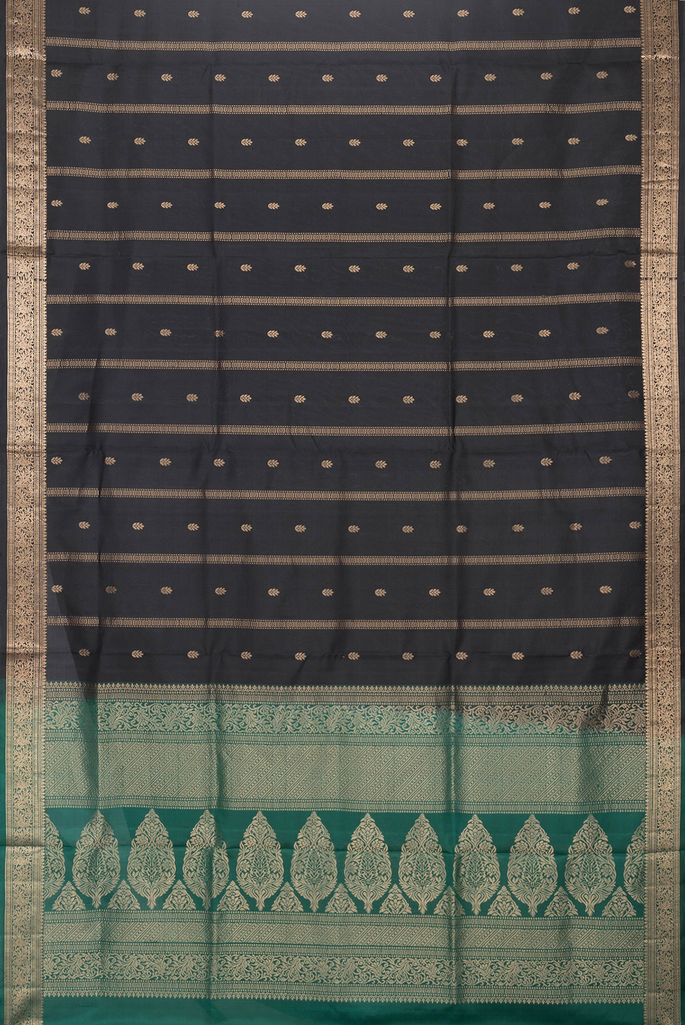 Flat view of Black Dual Tone Soft Silk Saree with Zari Butta on the body and Zari Border. 
