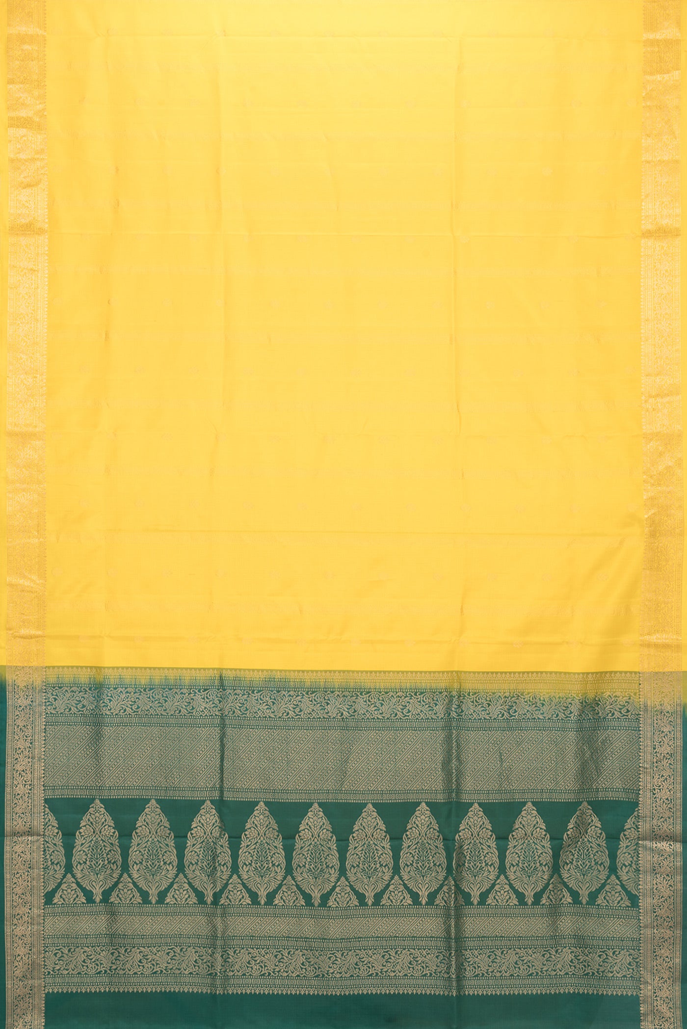 Flat view of Yellow Dual Tone Soft Silk Saree with Zari Butta on the body and Zari Border. 