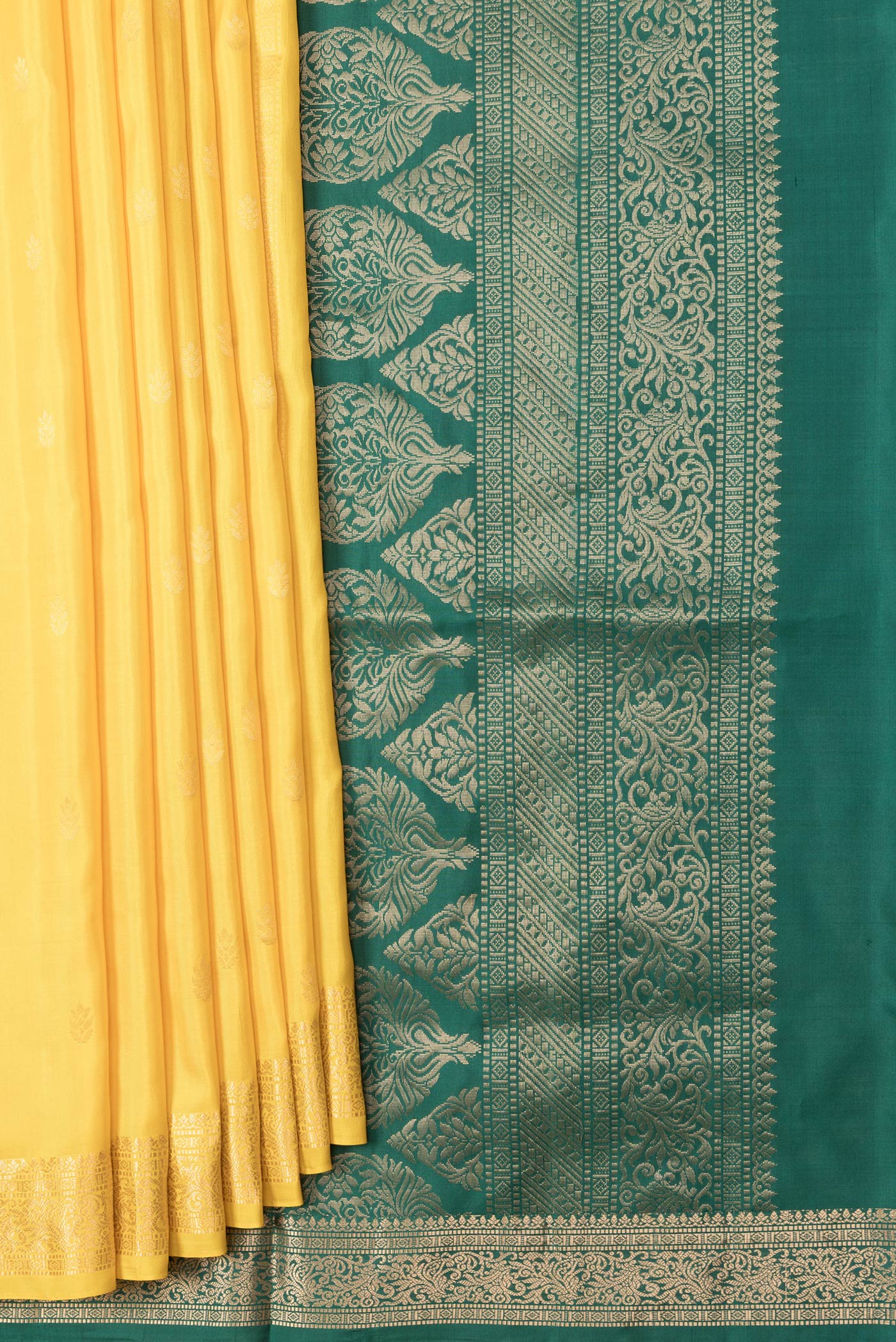 Pleats and pallu of Yellow Dual Tone Soft Silk Saree with Zari Butta on the body and Zari Border. 