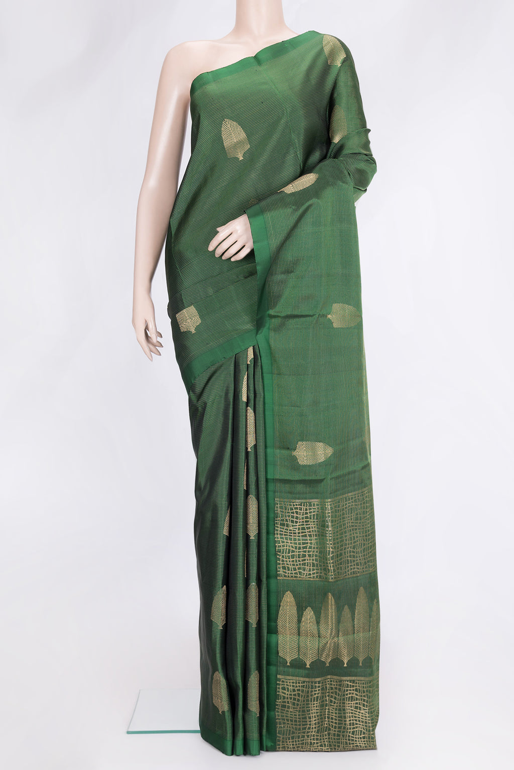 Bottle Green Dual Tone Soft Silk Saree with Stripes on the body and Without Border.  displayed on a mannequin