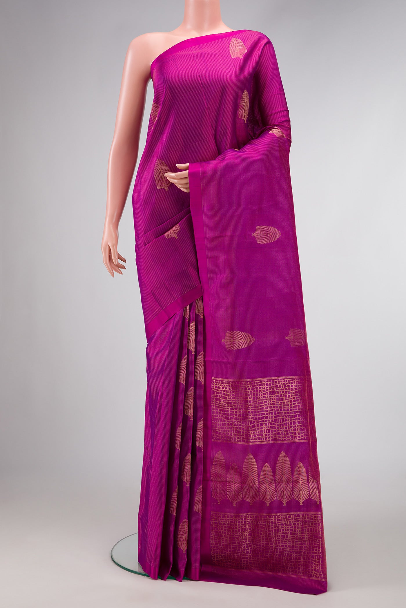 Purple Dual Tone Soft Silk Saree with Stripes on the body and Without Border.  displayed on a mannequin