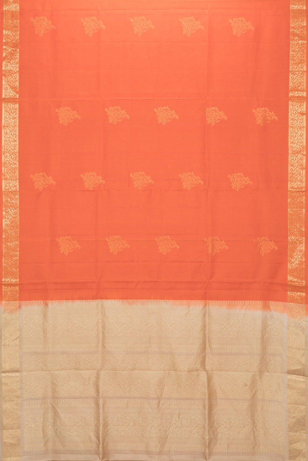 Flat view of Orange Dual Tone Soft Silk Saree with Zari Butta on the body and Zari Border. 