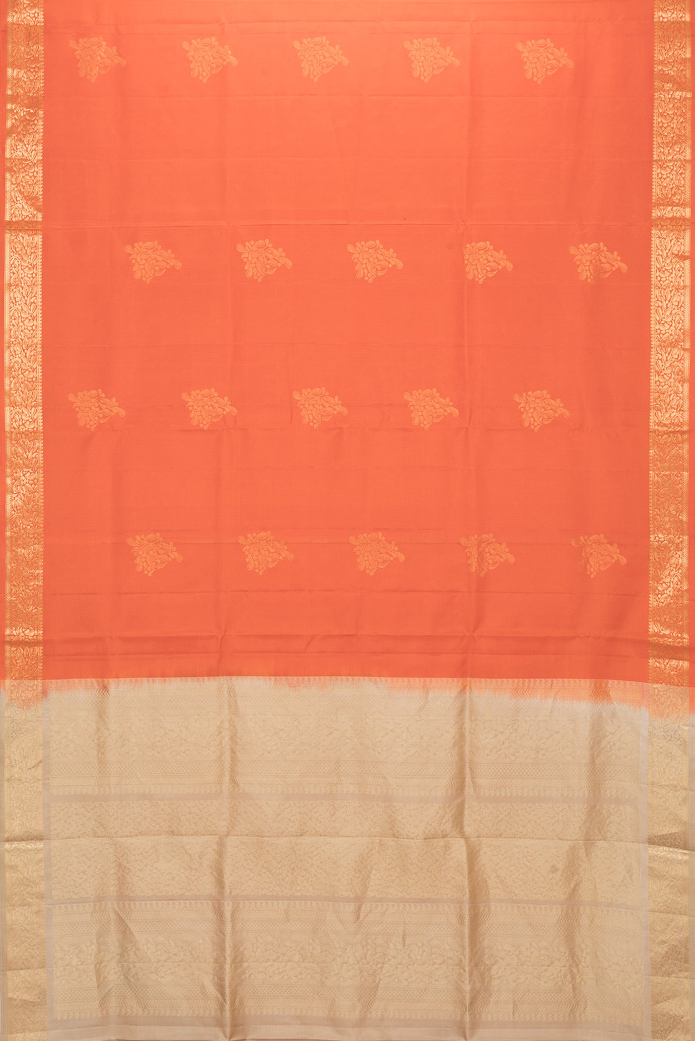 Flat view of Orange Dual Tone Soft Silk Saree with Zari Butta on the body and Zari Border. 