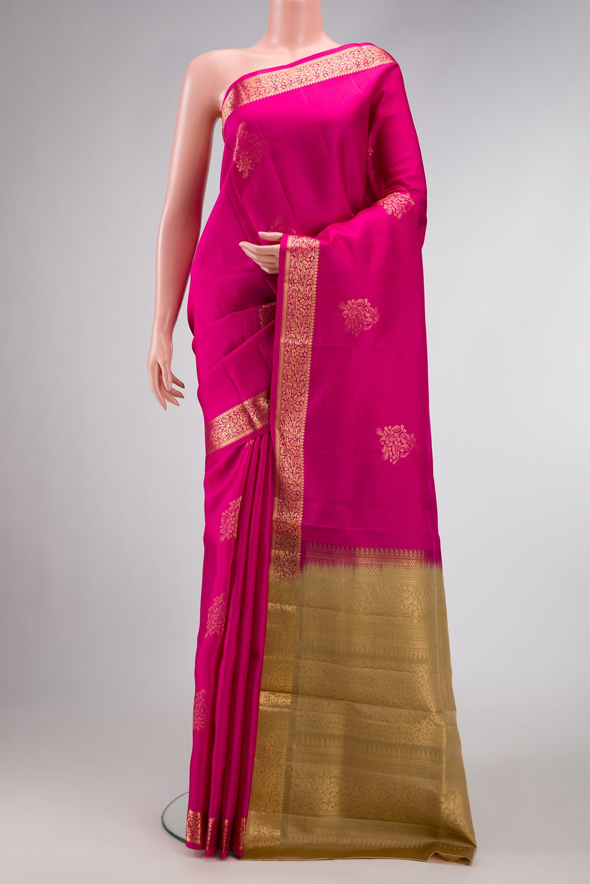 Pink Dual Tone Soft Silk Saree with Zari Butta on the body and Zari Border.  displayed on a mannequin