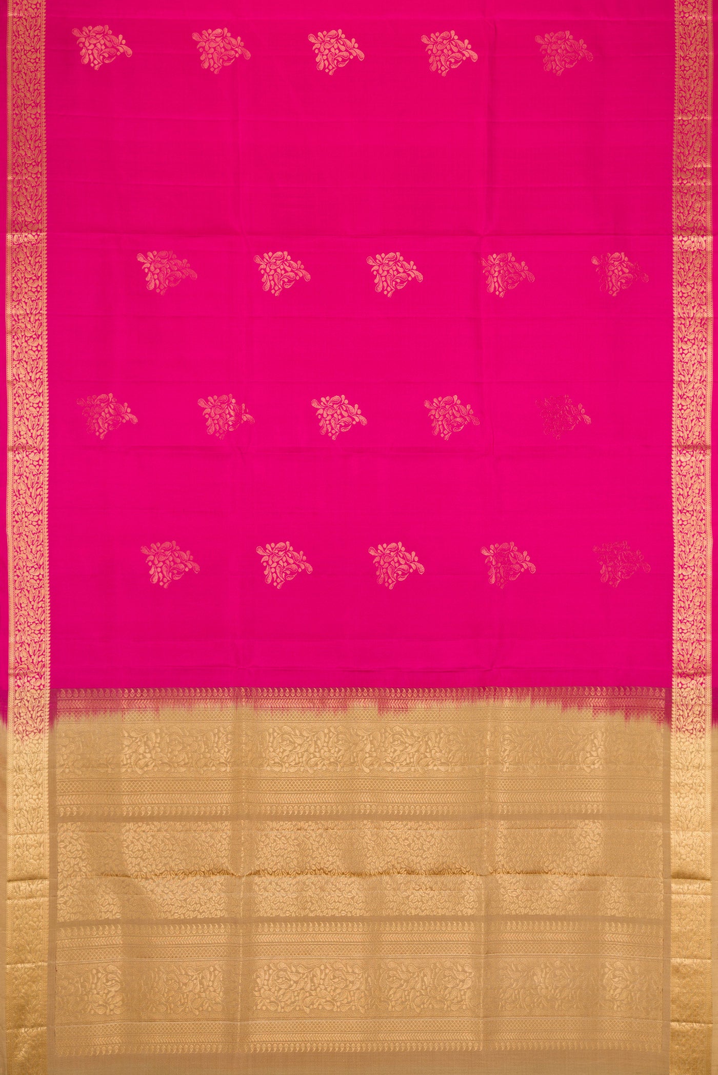 Flat view of Pink Dual Tone Soft Silk Saree with Zari Butta on the body and Zari Border. 