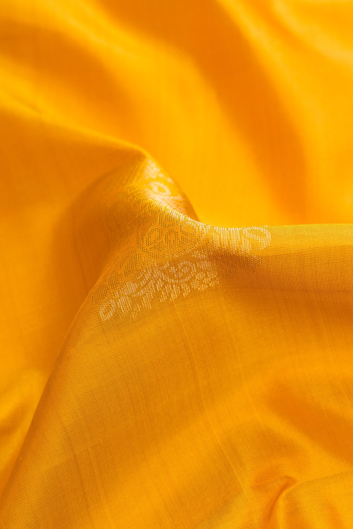 Close up of Mustard Dual Tone Soft Silk Saree with Zari Butta on the body and Zari Border.  displaying folds