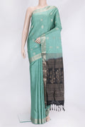 Sea Green Dual Tone Soft Silk Saree with Zari Butta on the body and Zari Border.  displayed on a mannequin