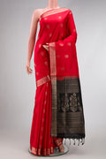 Red Dual Tone Soft Silk Saree with Zari Butta on the body and Zari Border.  displayed on a mannequin