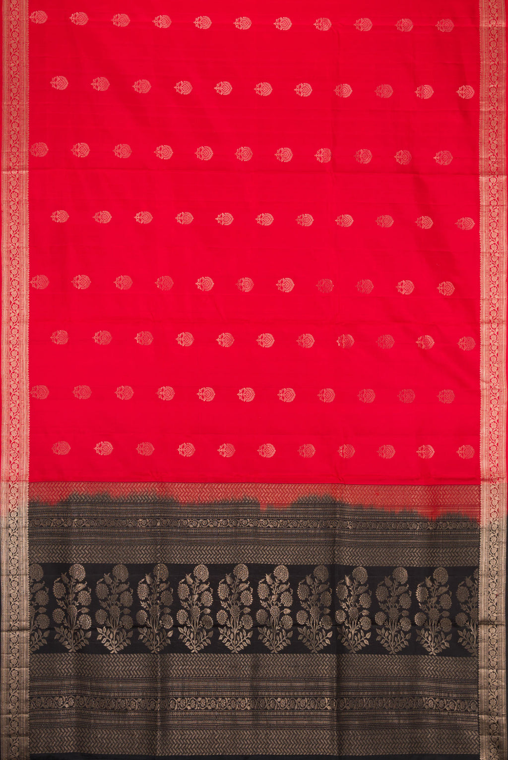 Flat view of Red Dual Tone Soft Silk Saree with Zari Butta on the body and Zari Border. 