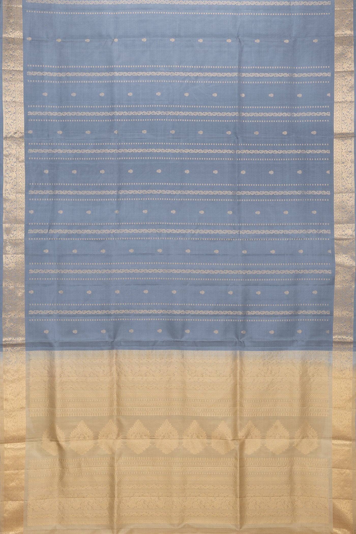 Flat view of Grey Dual Tone Soft Silk Saree with Zari Butta on the body and Zari Border. 