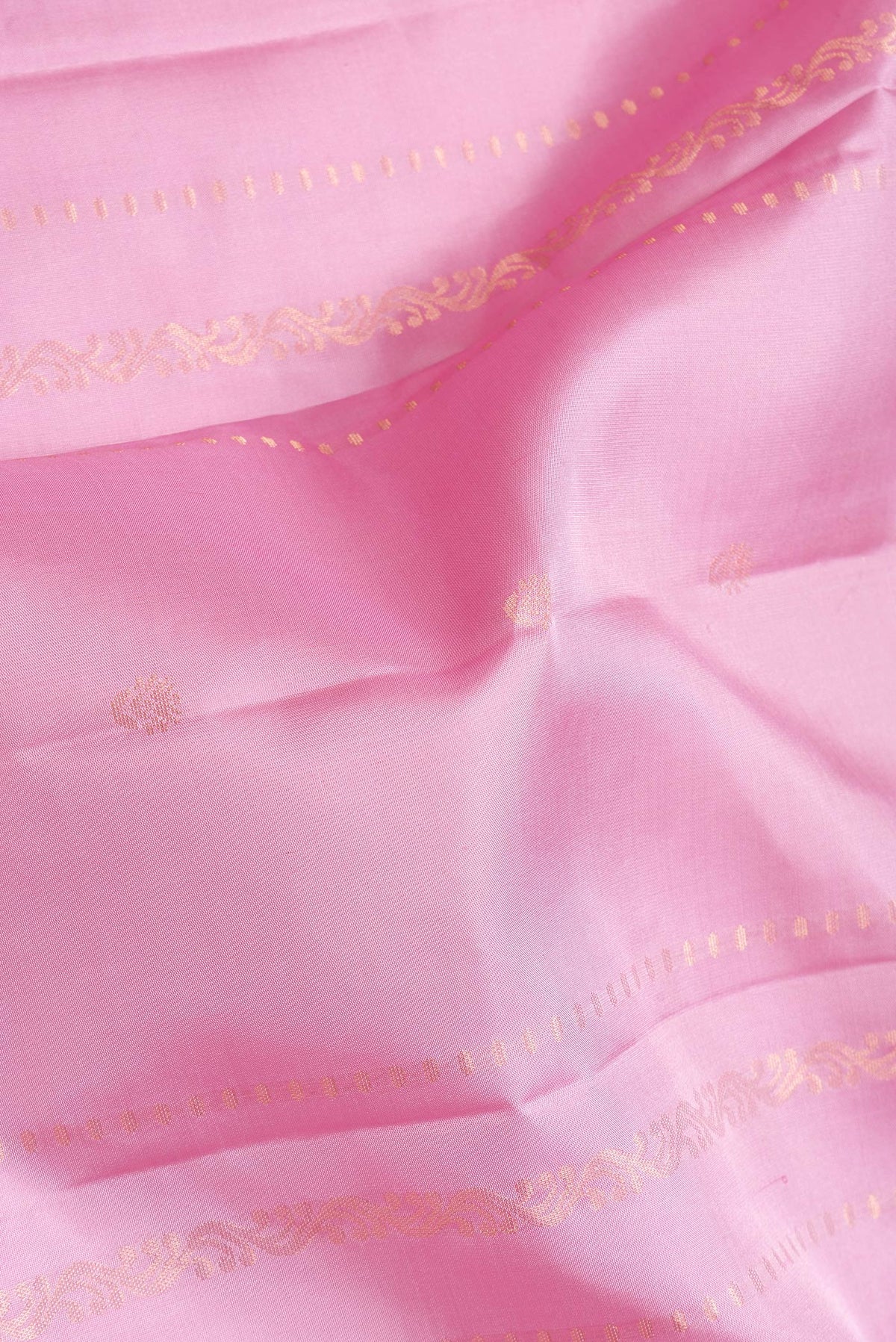 Close up of Pink Dual Tone Soft Silk Saree with Zari Butta on the body and Zari Border.  displaying folds