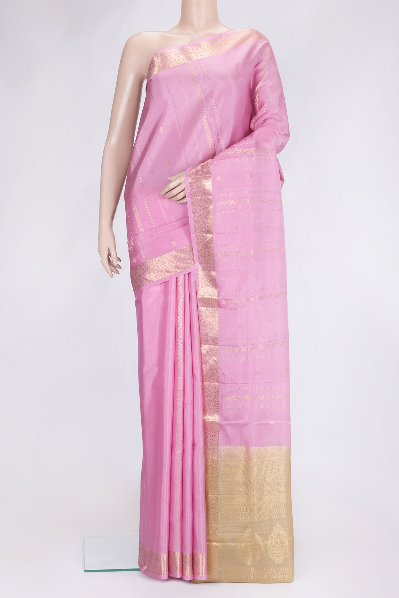 Pink Dual Tone Soft Silk Saree with Zari Butta on the body and Zari Border.  displayed on a mannequin