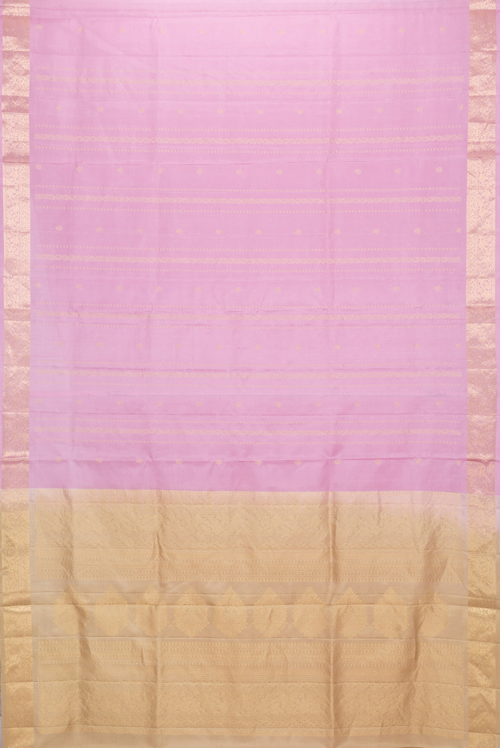 Flat view of Pink Dual Tone Soft Silk Saree with Zari Butta on the body and Zari Border. 