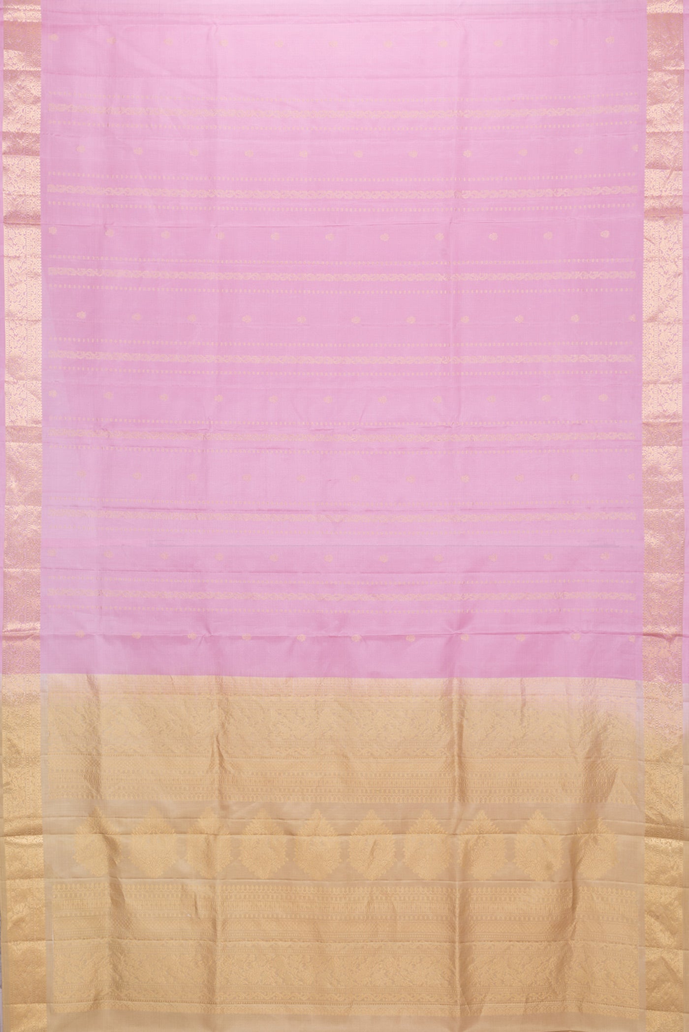 Flat view of Pink Dual Tone Soft Silk Saree with Zari Butta on the body and Zari Border. 
